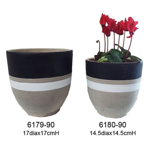 Grey Cement Pots Black and white stripe  Sml 14.5x